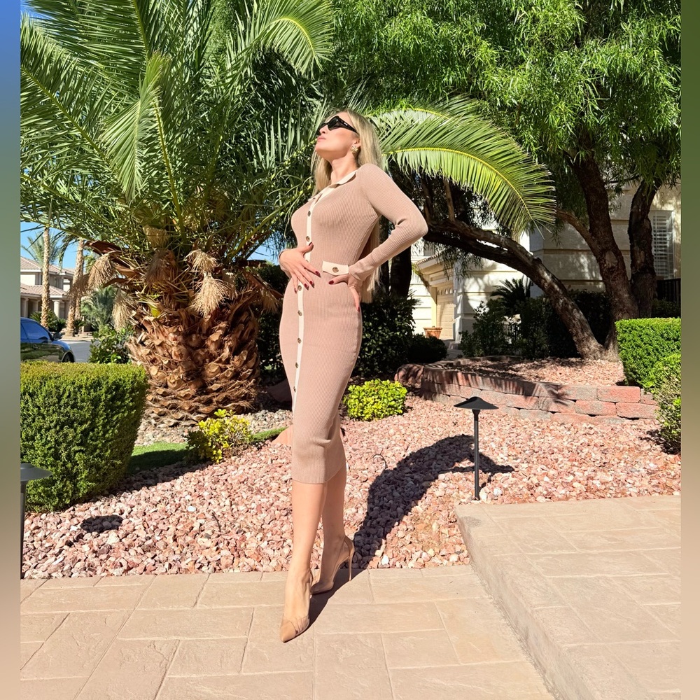 225 ‘Alex’ Elegant Tan Button-Up Midi Dress